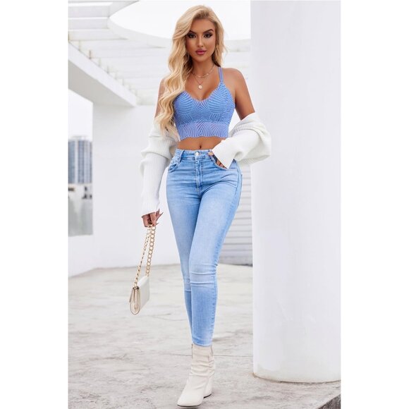 Women's Blue Lace Camisoles Double-layered V-neck Sexy Bralettes Crop Top - Picture 6 of 7